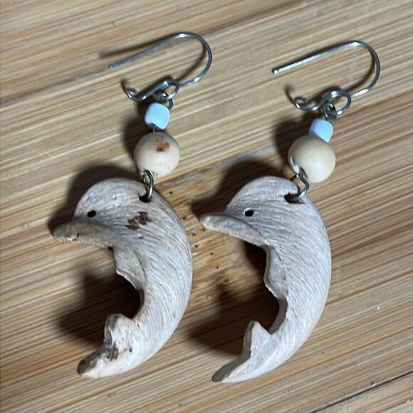 Vintage Brazilian Wooden Dolphin Earrings with Beads (Purchased in Brazil) - Picture 5 of 9
